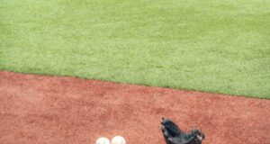 Guante y dos pelotas sobre un terreno de béisbol; fotografía de archivo de 2023.