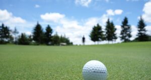 Bola de golf sobre el césped del green; fotografía de archivo de 2012