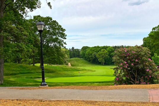 Campo Bethpage Green, en Nueva York, con calle de césped y árboles. Foto: Bonnachoven.