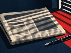 Ilustración editorial generada con IA: un periódico y una pluma bajo una sombra, alusivos al cierre de Novaya Gazeta.