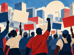 Ilustración editorial de trabajadores en una movilización sindical pacífica