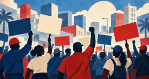 Ilustración editorial de trabajadores en una movilización sindical pacífica