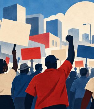 Ilustración editorial de trabajadores en una movilización sindical pacífica