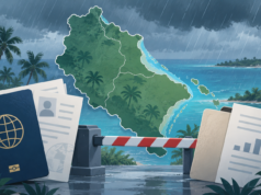 Ilustración editorial sobre control migratorio y lluvias en La Altagracia, sin personas ni escena documental.