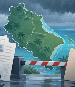 Ilustración editorial sobre control migratorio y lluvias en La Altagracia, sin personas ni escena documental.