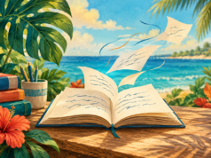 Ilustración editorial de un libro abierto y páginas de poesía con paisaje tropical, alusiva a la jornada literaria de Punta Cana–Verón