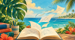 Ilustración editorial de un libro abierto y páginas de poesía con paisaje tropical, alusiva a la jornada literaria de Punta Cana–Verón