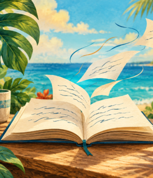 Ilustración editorial de un libro abierto y páginas de poesía con paisaje tropical, alusiva a la jornada literaria de Punta Cana–Verón
