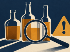 Ilustración conceptual de botellas sin etiqueta bajo una lupa, alusiva a la investigación de bebidas presuntamente adulteradas