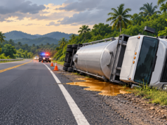 Ilustración editorial de un camión tanquero volcado junto a una carretera tropical