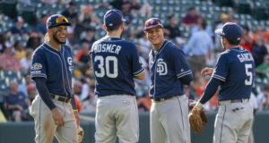 Fernando Tatis Jr. y Manny Machado con el uniforme de los Padres de San Diego