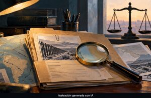 Ilustración generada con IA de documentos, lupa y balanza de justicia, alusiva a una investigación migratoria.