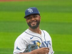 Caminero bateará cuarto en el Juego 1 de la Serie Mundial Junior Caminero con el uniforme de los Rays de Tampa Bay en junio de 2026.