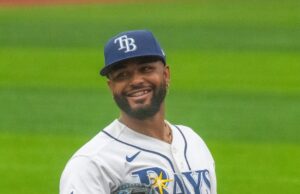 Junior Caminero, antesalista dominicano de los Rays de Tampa Bay, durante un partido en junio de 2026