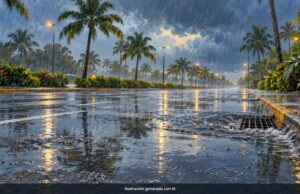 Ilustración generada con IA de una avenida tropical con acumulación de agua por lluvias; imagen alusiva, no fotografía del hecho.