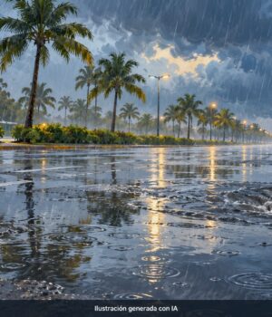 Ilustración generada con IA de una avenida tropical con acumulación de agua por lluvias; imagen alusiva, no fotografía del hecho.