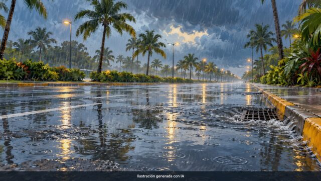 Ilustración generada con IA de una avenida tropical con acumulación de agua por lluvias; imagen alusiva, no fotografía del hecho.