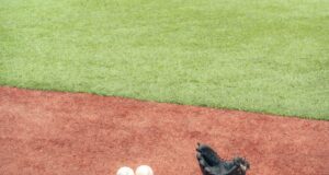Guante y pelotas de béisbol sobre el terreno de juego