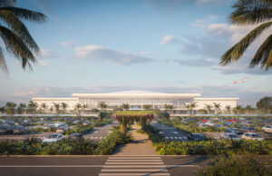 Representación visual oficial de la nueva terminal del AILA vista desde el área de estacionamiento