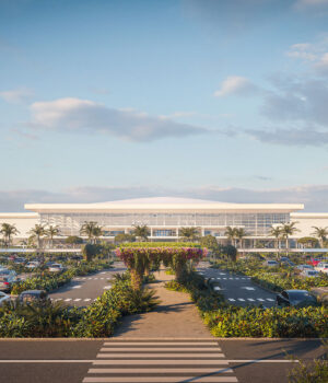 Representación visual oficial de la nueva terminal del AILA vista desde el área de estacionamiento