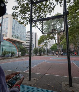 Parque con árboles y sombra — imagen de referencia Personas y canchas rodeadas de árboles en el parque McLaughlin de Brooklyn; imagen de archivo de 2023 alusiva a espacios recreativos.