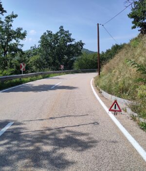 Señal triangular preventiva colocada junto a una carretera